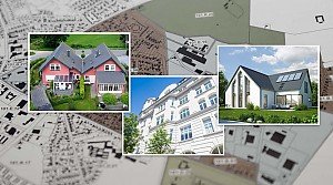 Hausfotos vor Karte mit Grundstücken
