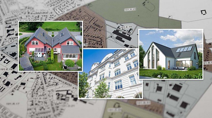 Hausfotos vor Karte mit Grundstücken Hausfotos vor Karte mit Grundstücken
