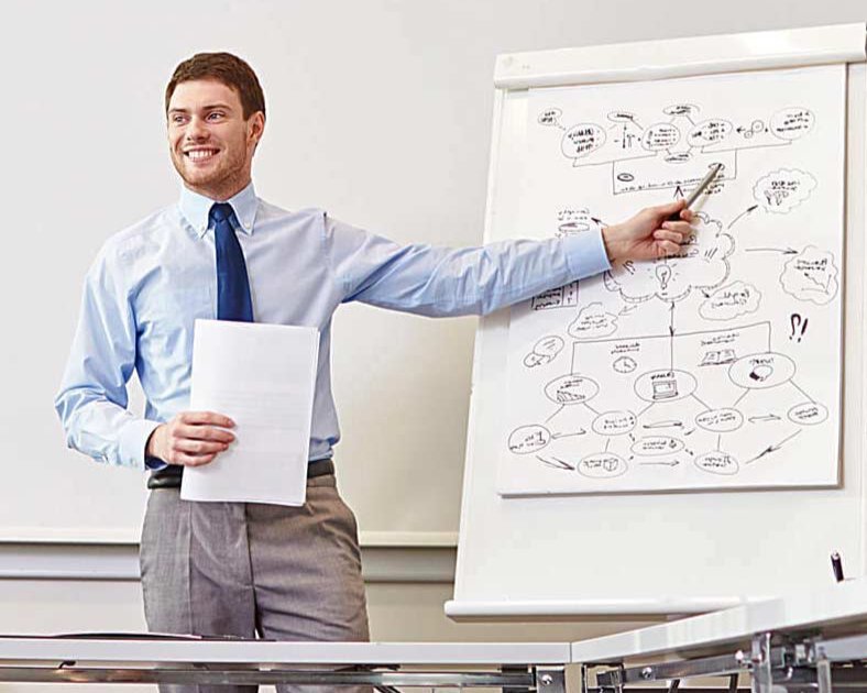 Mann präsentiert am Flipchart