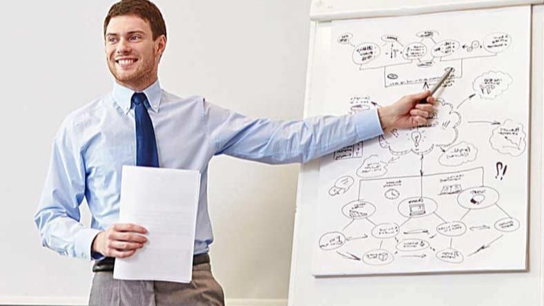 Mann präsentiert am Flipchart